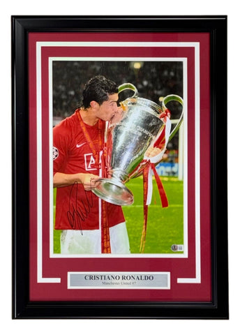 Cristiano Ronaldo Signed Framed 11x17 Manchester United Trophy Photo BAS LOA