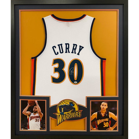 Stephen Curry Autographed Signed Framed White TB Warriors Steph Jersey BECKETT