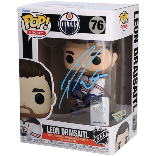 Leon Draisaitl Autographed Oilers White Jersey Funko Pop! Vinyl Figure Fanatics
