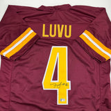 Autographed/Signed Frankie Luvu Washington Burgundy Football Jersey Beckett COA