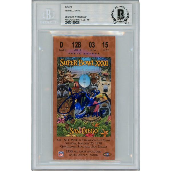Terrell Davis Autographed Denver Broncos SB XXXII Suite Ticket Beckett 47564