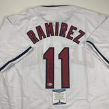 Autographed/Signed JOSE RAMIREZ Cleveland White Baseball Jersey Beckett BAS COA
