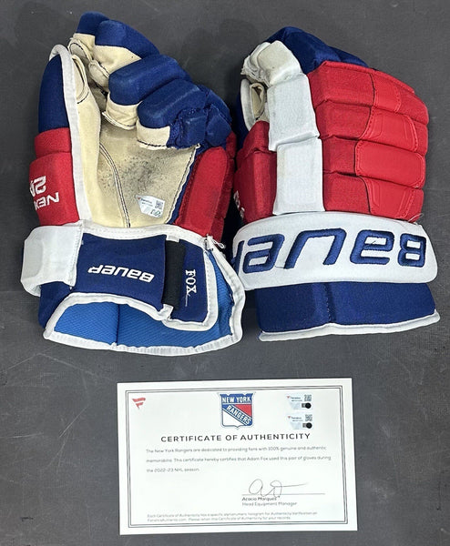 Adam Fox New York Rangers 2022 Game Used Bauer Nexus Gloves Pair Fanatics COA