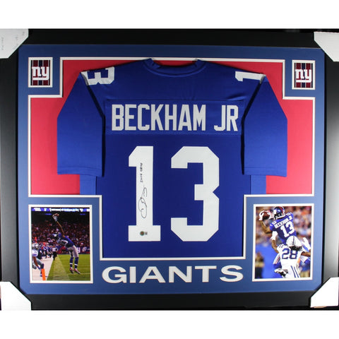 Odell Beckham Jr Autographed Pro Style Blue XL Framed Jersey 35x43 Beckett 53077