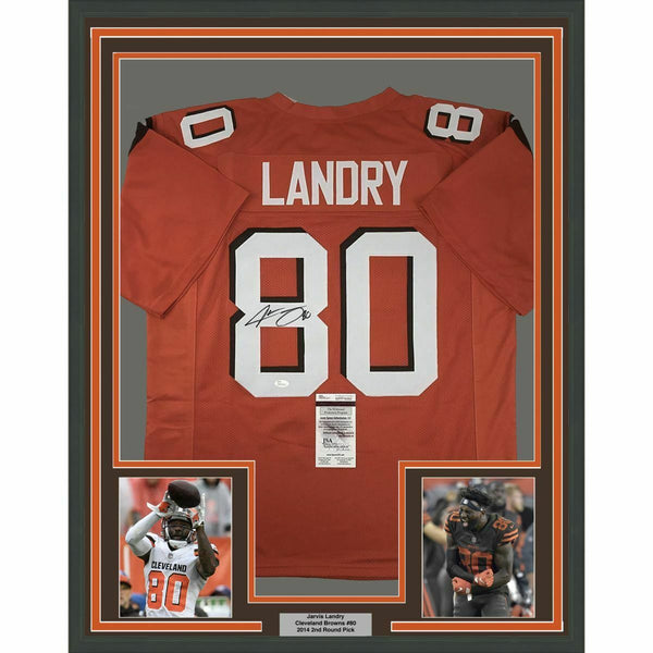 FRAMED Autographed/Signed JARVIS LANDRY 33x42 Cleveland Orange Jersey JSA COA
