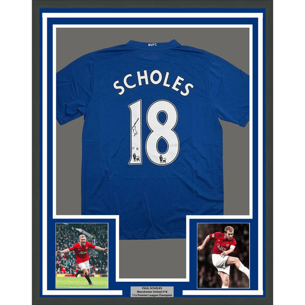 Framed Signed Paul Scholes 35x39 Manchester United Blue Jersey Beckett COA