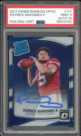 2017 Donruss Optic Rated Rookie Patrick Mahomes RC Blue Ink PSA 9/10 Auto