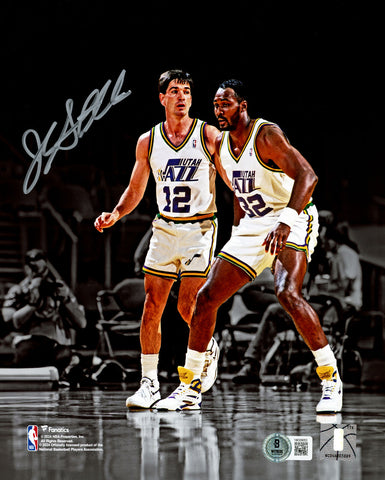 JOHN STOCKTON AUTOGRAPHED 8X10 PHOTO JAZZ W/ KARL MALONE BECKETT 224395
