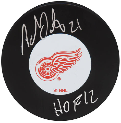 Adam Oates Signed Red Wings Logo Hockey Puck w/HOF'12 - (SCHWARTZ COA)