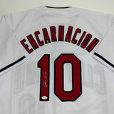Autographed/Signed Edwin Encarnacion Cleveland White Jersey JSA COA