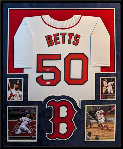 FRAMED SUEDE MOOKIE BETTS AUTOGRAPHED SIGNED BOSTON RED SOX JERSEY JSA COA