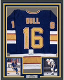 Framed Autographed/Signed Brett Hull 35x39 St. Louis Blue Jersey Beckett BAS COA