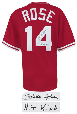 Pete Rose Signed Reds M&N Red T/B 1984 Style BP Jersey w/Hit King (SCHWARTZ COA)