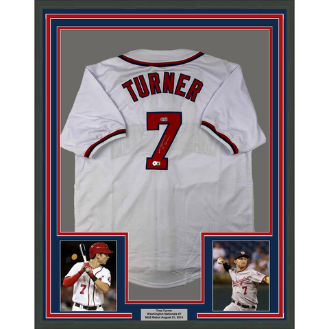 Framed Autographed/Signed Trea Turner 33x42 Washington White Jersey Beckett COA