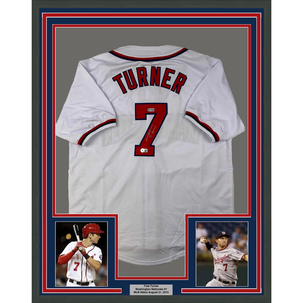 Framed Autographed/Signed Trea Turner 33x42 Washington White Jersey Beckett COA