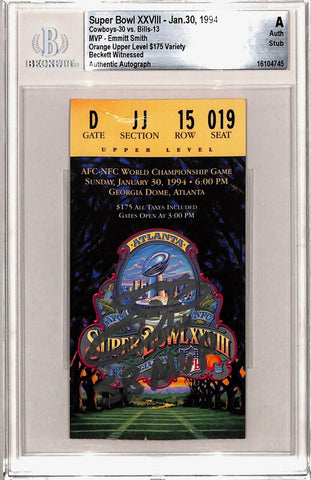 Emmitt Smith Signed Dallas Cowboys Ticket Stub SB XXVIII MVP Beckett Slab 43231