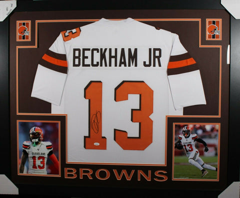 ODELL BECKHAM (Browns white SKYLINE) Signed Autographed Framed Jersey JSA