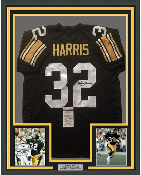 Framed Autographed/Signed Franco Harris 33x42 Pittsburgh Black Jersey JSA COA