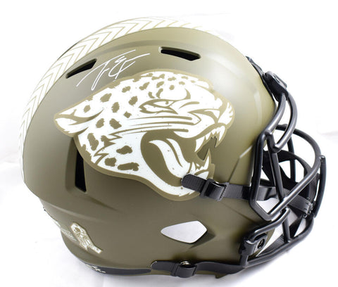 Travis Etienne Jr. Autographed Jaguars F/S Salute to Service Speed Helmet - JSA