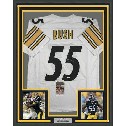 FRAMED Autographed/Signed DEVIN BUSH 33x42 Pittsburgh White Jersey JSA COA Auto