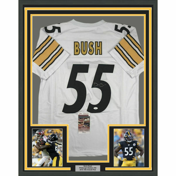 FRAMED Autographed/Signed DEVIN BUSH 33x42 Pittsburgh White Jersey JSA COA Auto