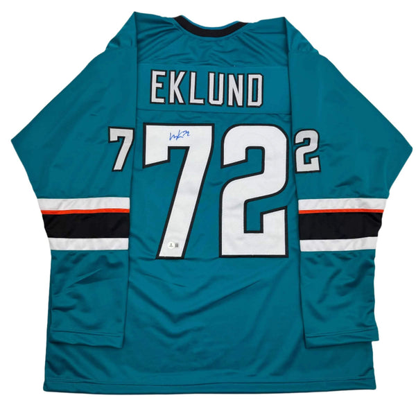 Autographed/Signed William Eklund San Jose Teal Hockey Jersey Beckett BAS COA