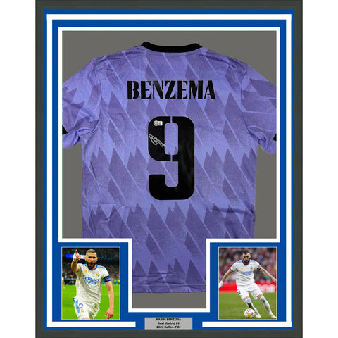 Framed Autographed/Signed Karim Benzema 33x42 Real Madrid 2022-23 Jersey BAS COA