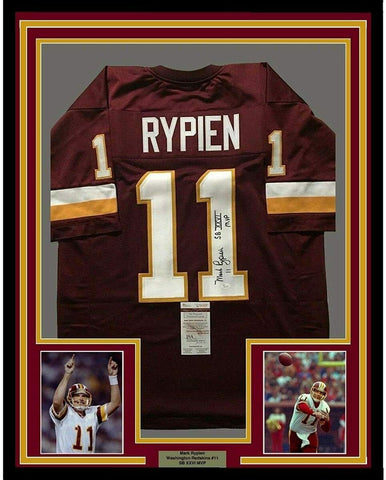 Framed Autographed/Signed Mark Rypien SB MVP 33x42 Washington Red Jersey JSA COA