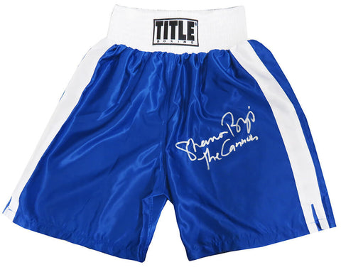Shannon Briggs Signed Title Blue With White Trim Boxing Trunks w/Cannon (SS COA)