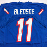 Autographed/Signed Drew Bledsoe New England Blue Football Jersey Beckett BAS COA