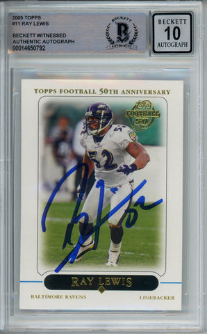 Ray Lewis Autographed 2005 Topps #11 Trading Card Beckett 10 Slab 39235