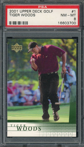 Tiger Woods 2001 Upper Deck Golf Rookie Card RC #1 Graded PSA 8
