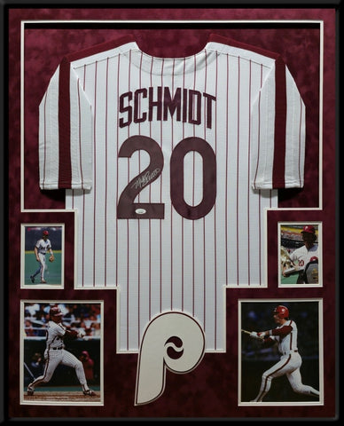 SUEDE FRAMED PHILADELPHIA PHILLIES MIKE SCHMIDT AUTOGRAPHED JERSEY BECKETT HOLO