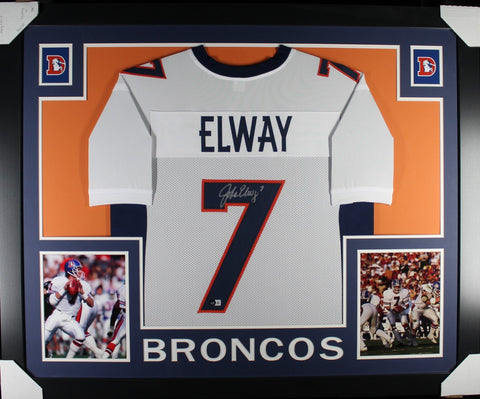 John Elway Autographed Pro Style White XL Framed Jersey 35x43 Beckett 51214