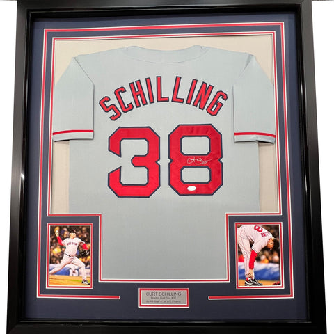 FRAMED Signed CURT SCHILLING 35x39 Boston Grey Jersey JSA COA Auto