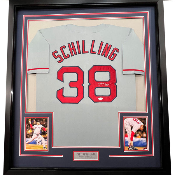 FRAMED Signed CURT SCHILLING 35x39 Boston Grey Jersey JSA COA Auto