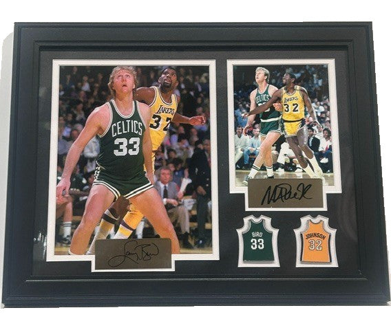 Larry Bird & Magic Johnson Laser Autographed Framed Photo & Pin Collage 18x14