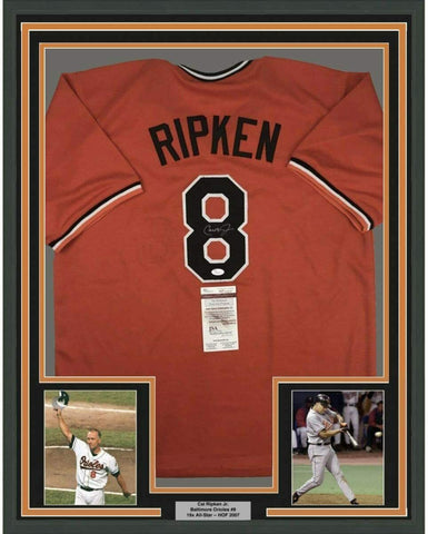 Framed Autographed/Signed Cal Ripken Jr. 33x42 Baltimore Orange Jersey JSA COA