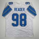 Autographed/Signed D.J. DJ Reader Detroit White Football Jersey Beckett BAS COA