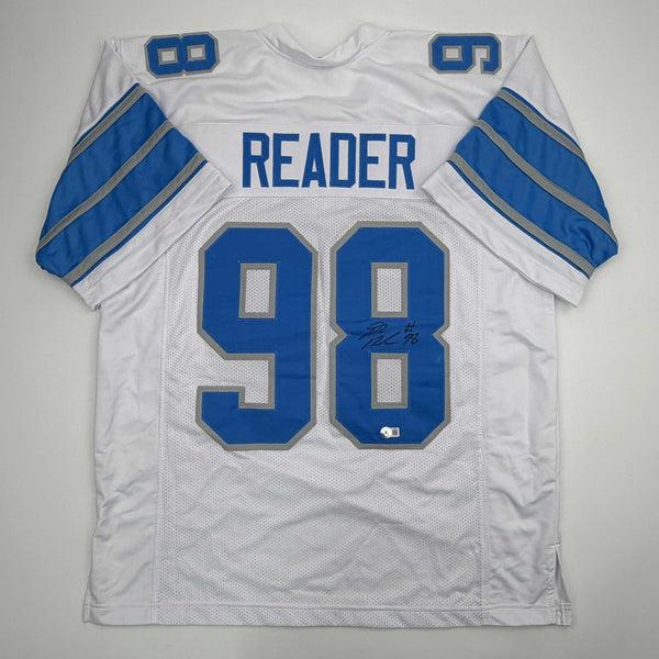 Autographed/Signed D.J. DJ Reader Detroit White Football Jersey Beckett BAS COA