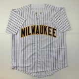 Autographed/Signed Christian Yelich Milwaukee Pinstripe Baseball Jersey JSA COA