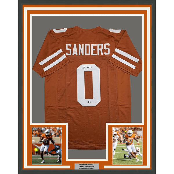 Framed Autographed Ja'Tavion Sanders 35x39 Texas Orange College Jersey BAS COA