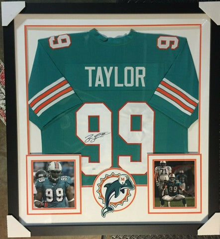 Jason Taylor Signed Miami Dolphins 36"x39" Framed Jersey (JSA COA) 6xPro Bowl DE
