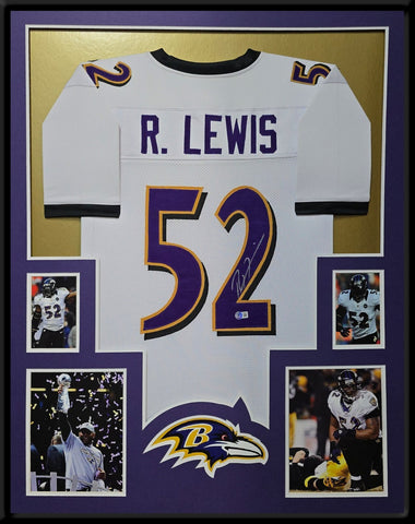 FRAMED BALTIMORE RAVENS RAY LEWIS AUTOGRAPHED SIGNED JERSEY BECKETT HOLO