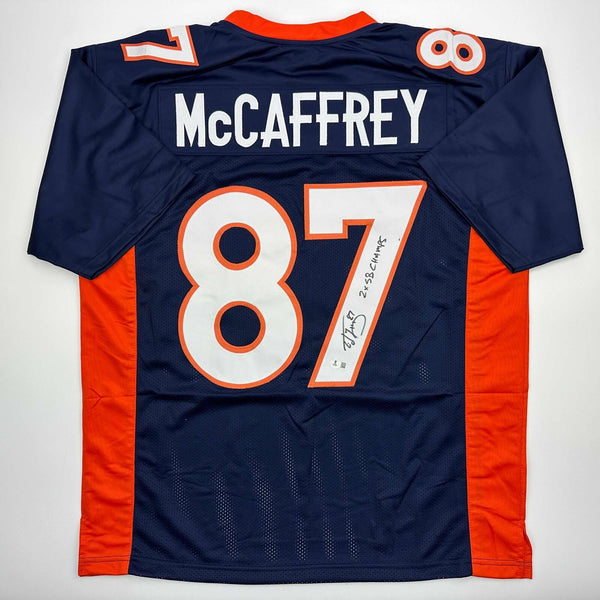 Autographed/Signed Ed McCaffrey 2x SB Champs Denver Blue Jersey Beckett BAS COA