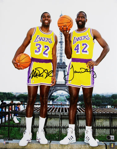 Lakers Magic Johnson & James Worthy Signed 16x20 Vertical Paris Photo BAS Wit
