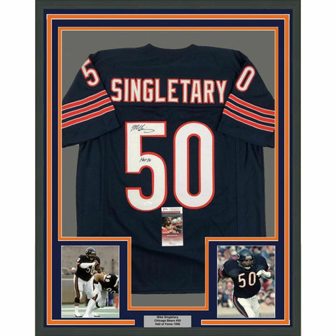 FRAMED Autographed/Signed MIKE SINGLETARY HOF 33x42 Chicago Blue Jersey JSA COA