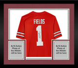 Framed Justin Fields Ohio State Buckeyes Signed Red Nike Game Jersey