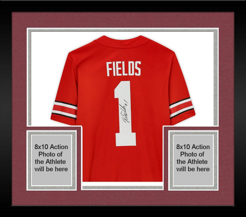 Framed Justin Fields Ohio State Buckeyes Signed Red Nike Game Jersey