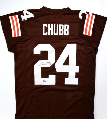Nick Chubb Autographed Brown w/ White # Pro Style Jersey *2 -Beckett W Hologram